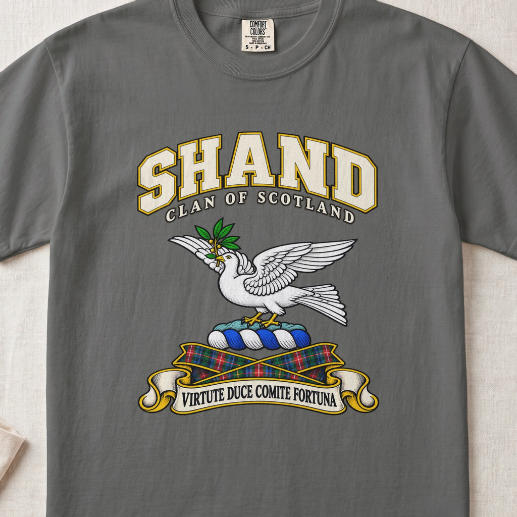 Shand Scottish clan T-shirt in Pepper, front view with a white dove in flight carrying a green branch and motto design.