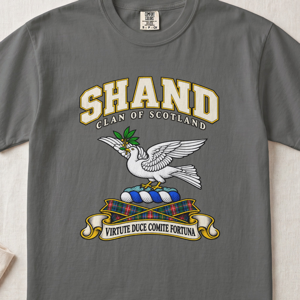 Shand Scottish clan T-shirt in Pepper, front view with a white dove in flight carrying a green branch and motto design.