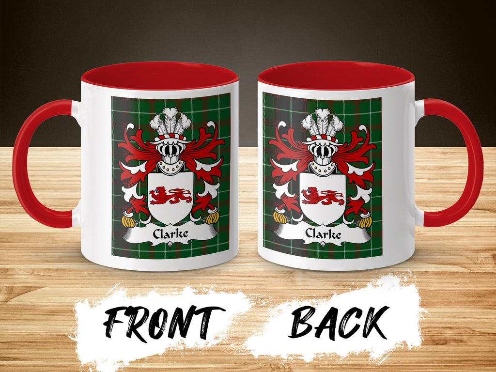 Two white mugs with red handles and interiors, each displaying the Clarke crest on a tartan background.