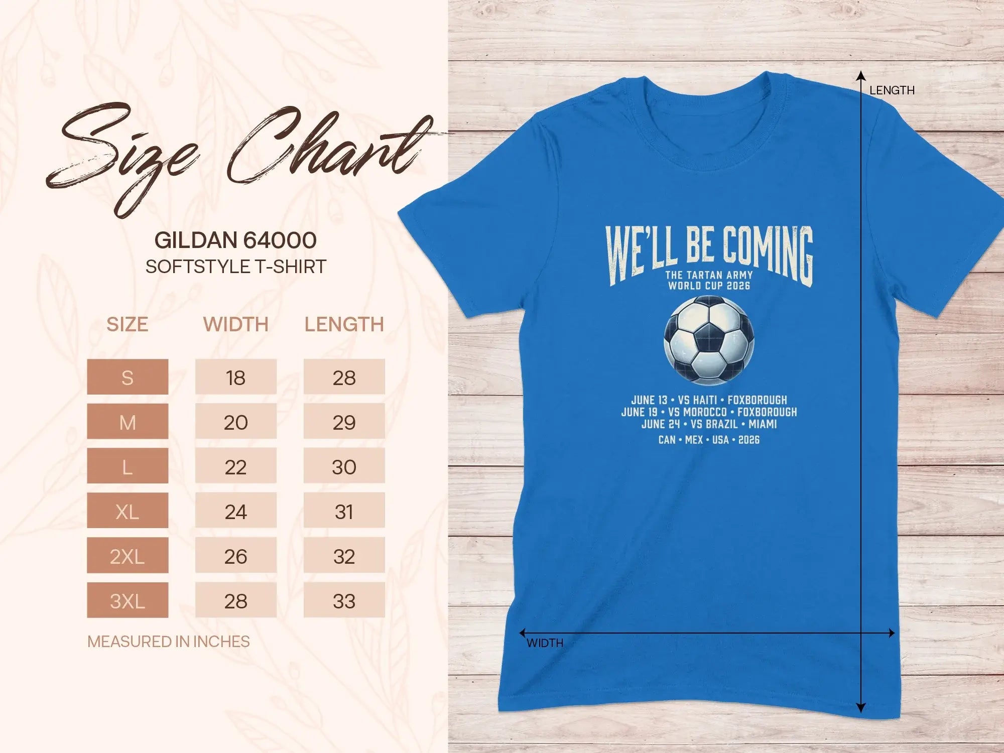 Gildan 64000 t-shirt size chart with World Cup 2026 text.