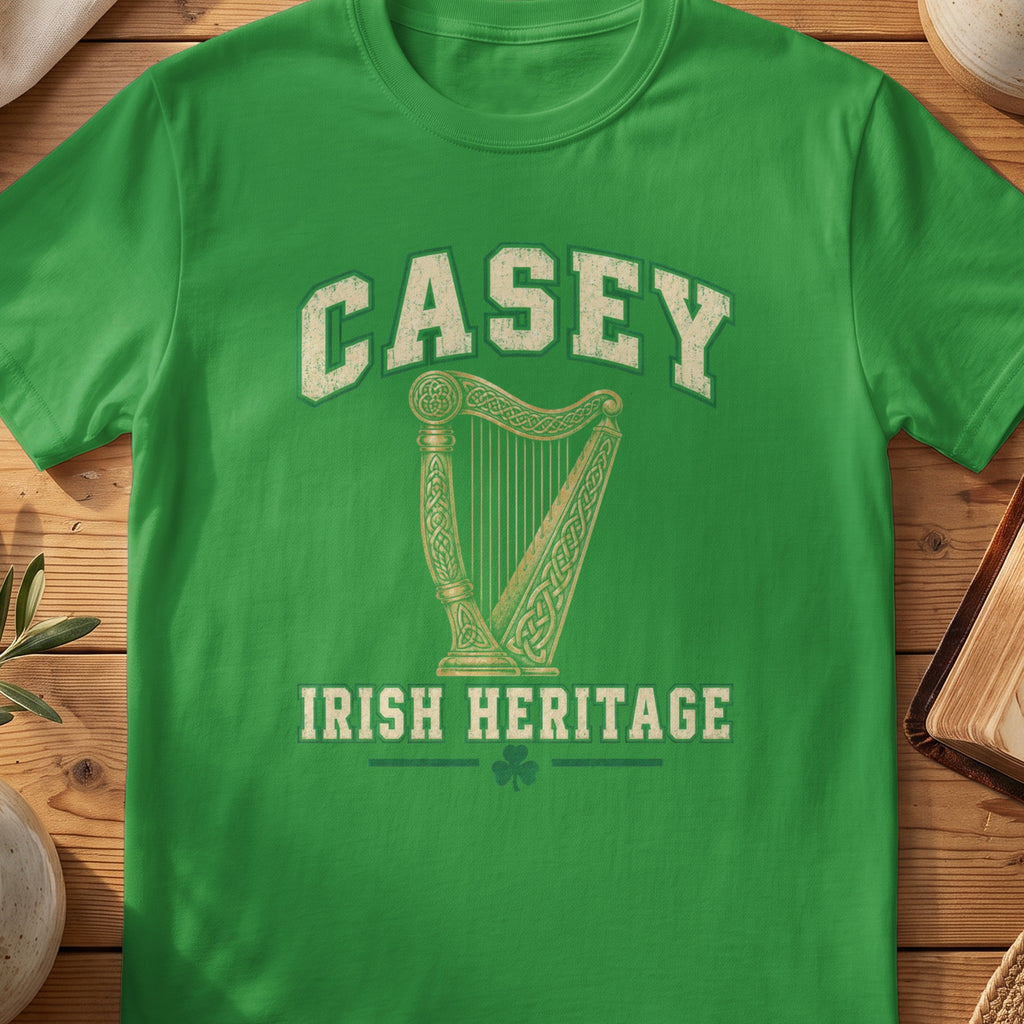 Casey Irish Heritage green Gildan 64000 T-shirt with Celtic harp design