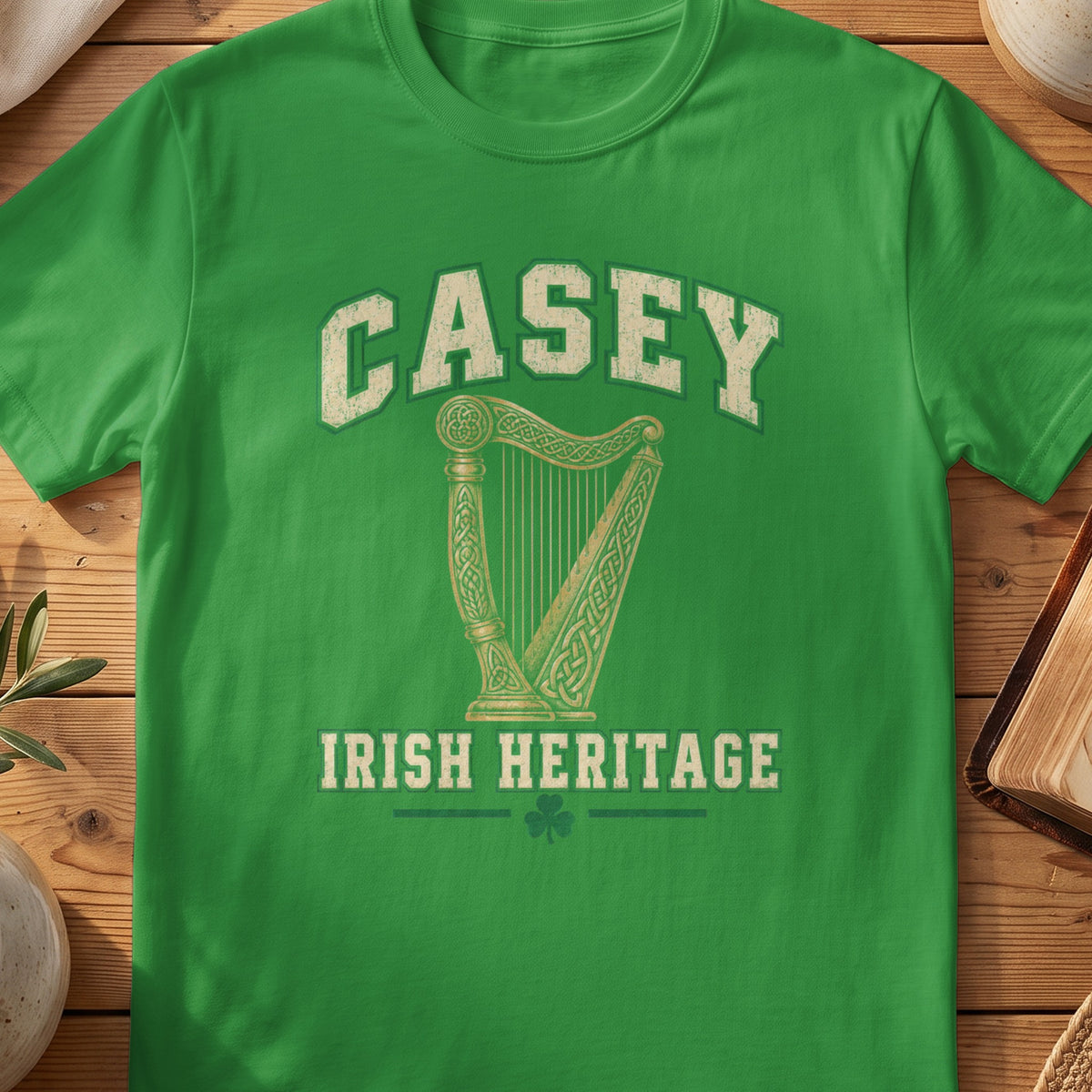 Casey Irish Heritage green Gildan 64000 T-shirt with Celtic harp design
