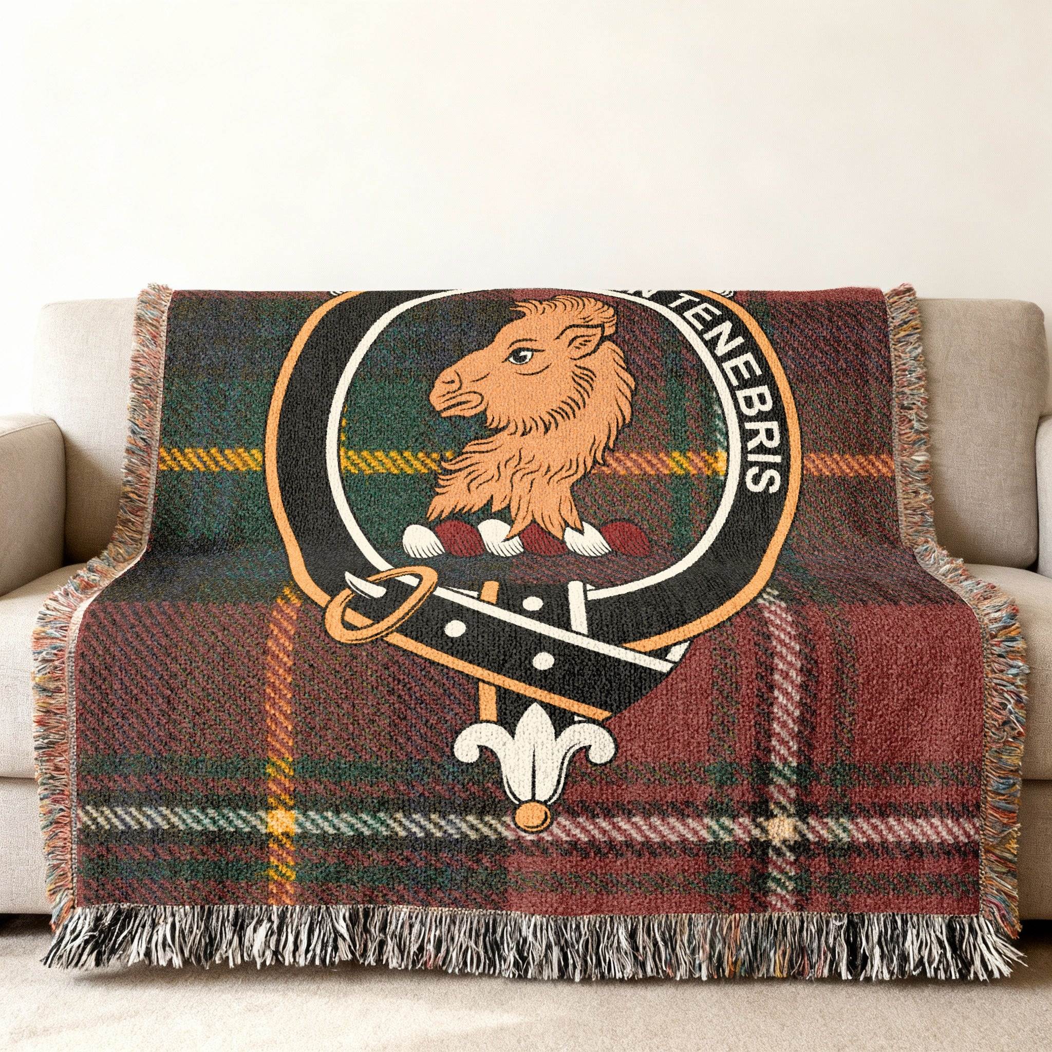 Clan Crest Tartan Throw Blanket with Fringe Edges