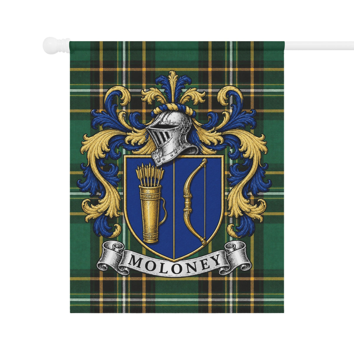 Moloney family crest flag with Irish National Tartan heritage design