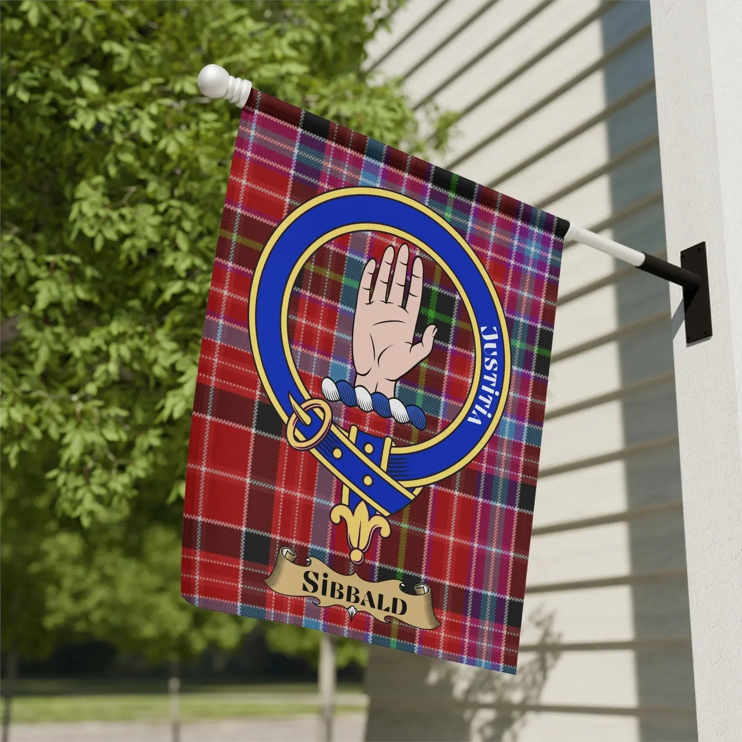 Sibbald Crest with Tartan Background Flag product