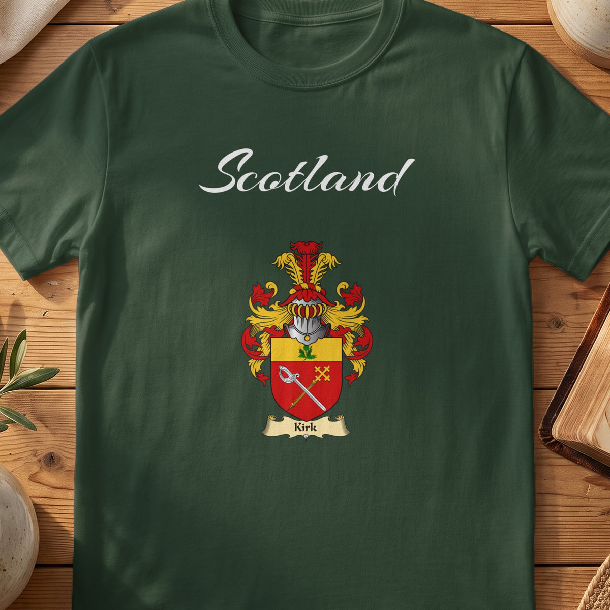 Forest Green Kirk Scottish T-shirt featuring a red-and-gold shield with crossed keys