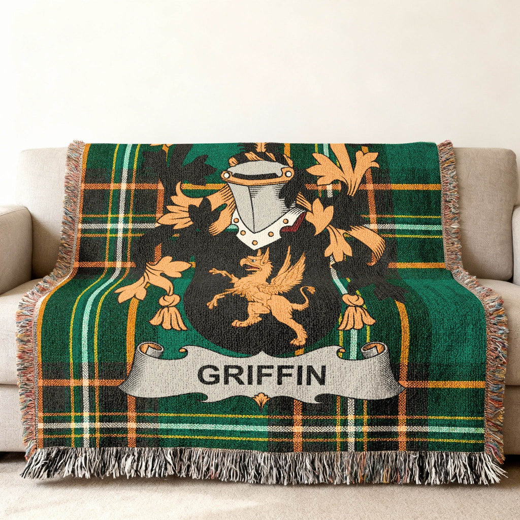 Tartan throw blanket with Griffin coat of arms and "GRIFFIN" text.