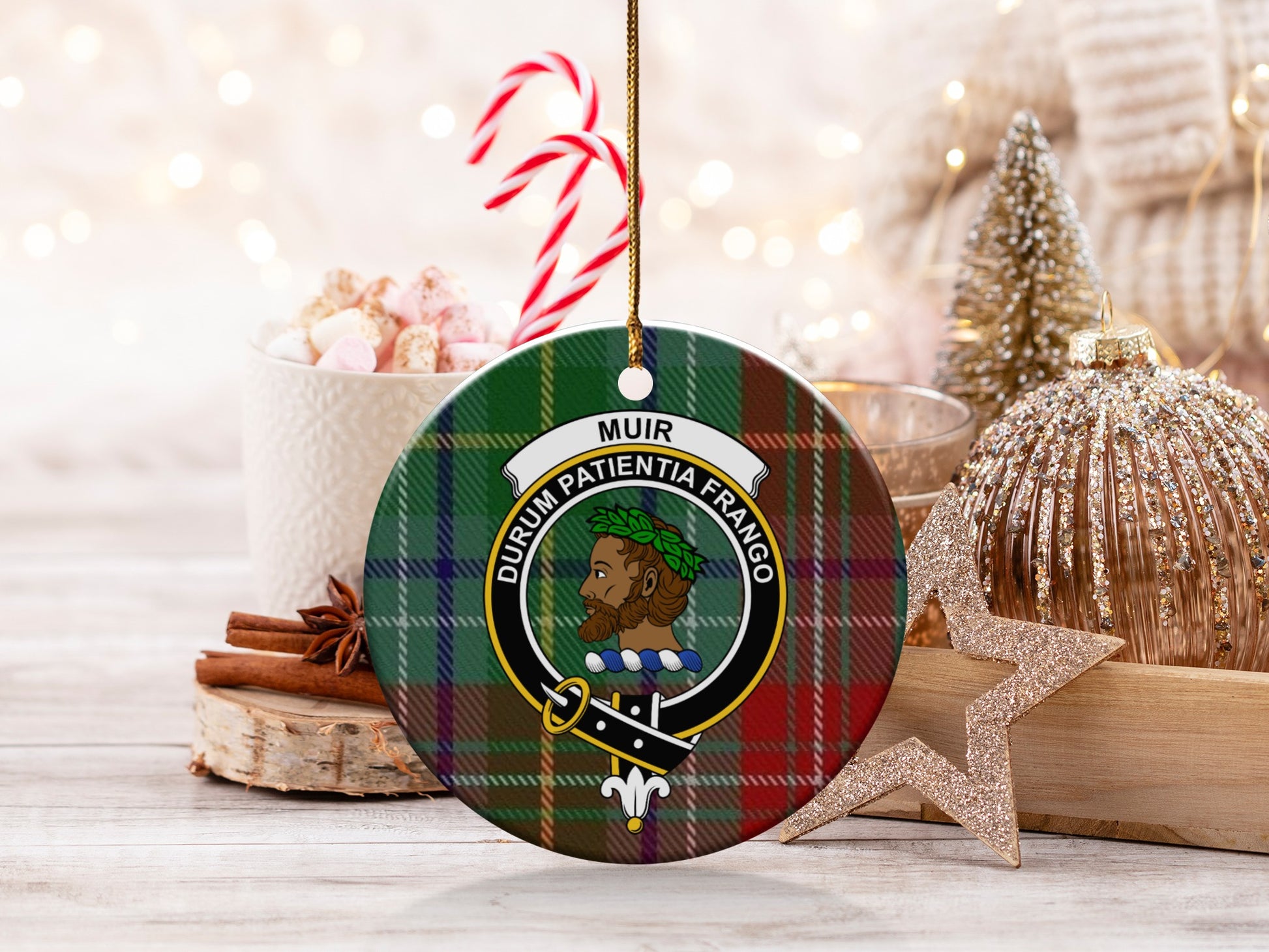 Muir Clan Crest Tartain Pattern Christmas Ornament
