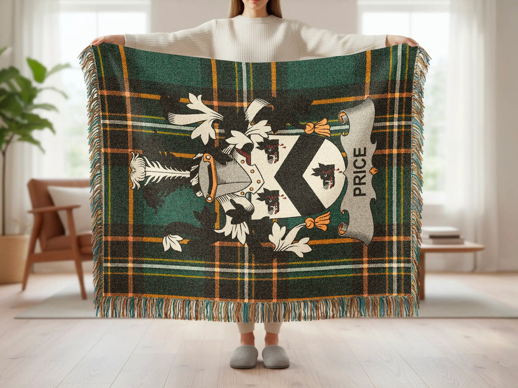 Green tartan blanket with heraldic crest and "PRICE" banner.