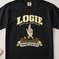 Logie Scottish clan T-shirt in Black, front view with a raised hand with two fingers extended and motto design.