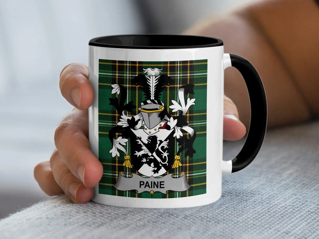 Paine Irish family crest black accent mug with Irish National Tartan