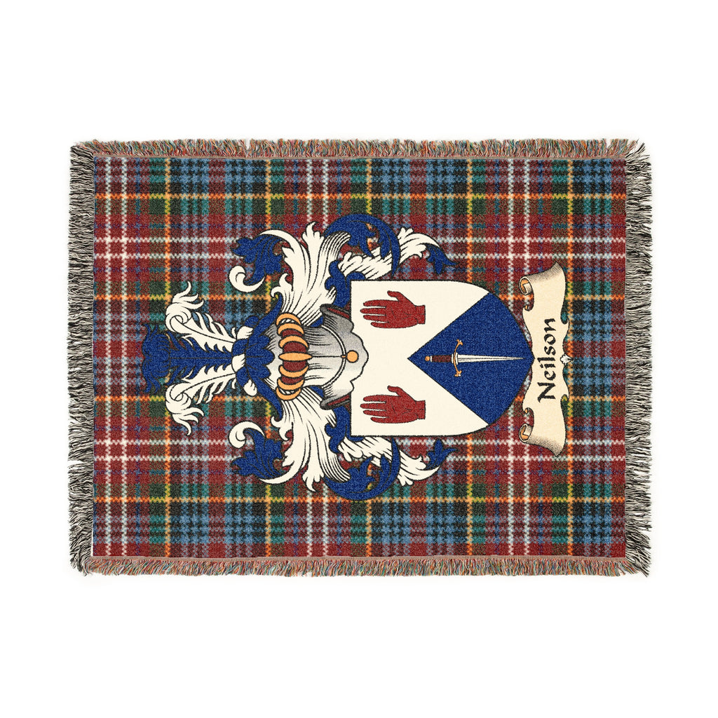 Neilson Scottish woven blanket with family shield and Caledonia tartan background