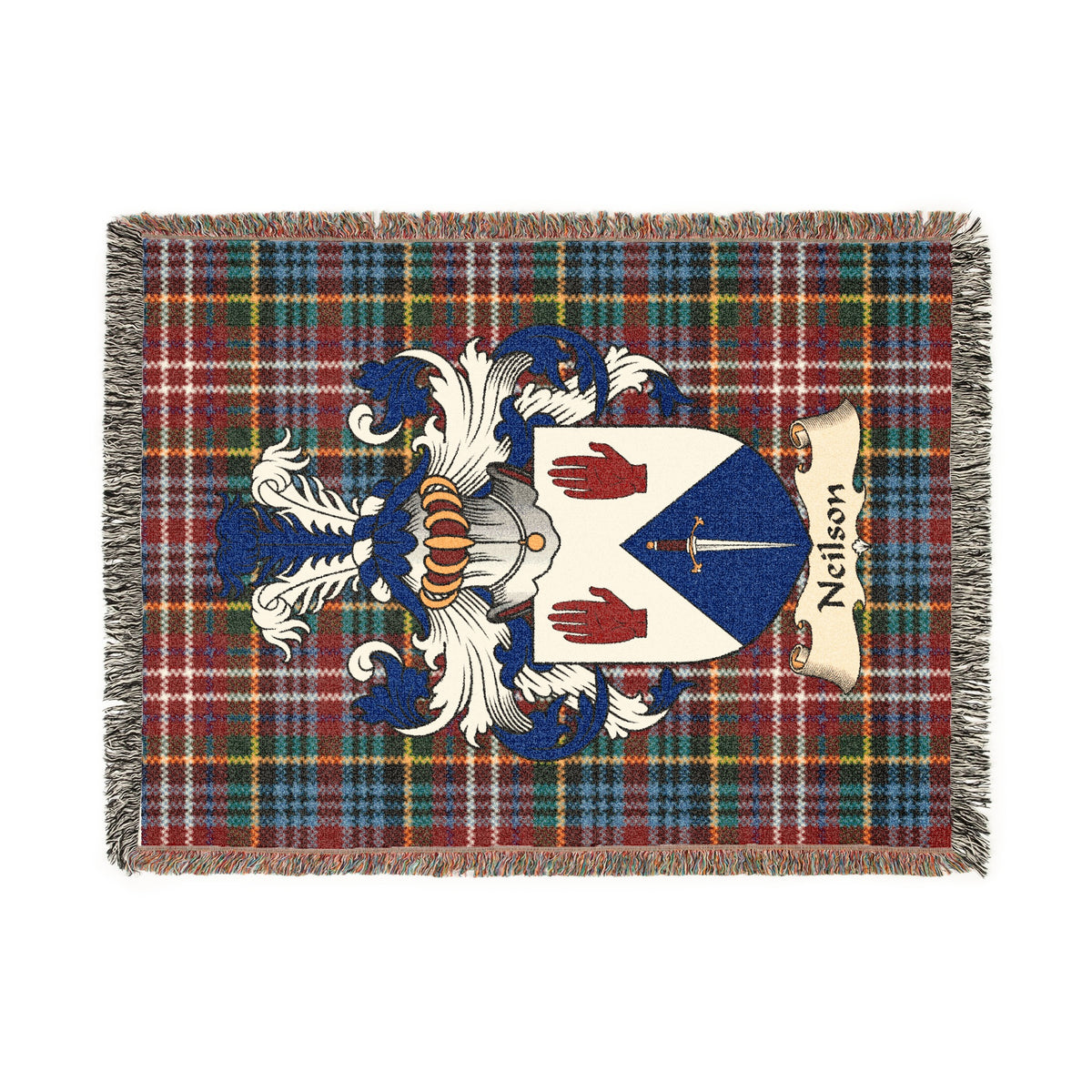Neilson Scottish woven blanket with family shield and Caledonia tartan background
