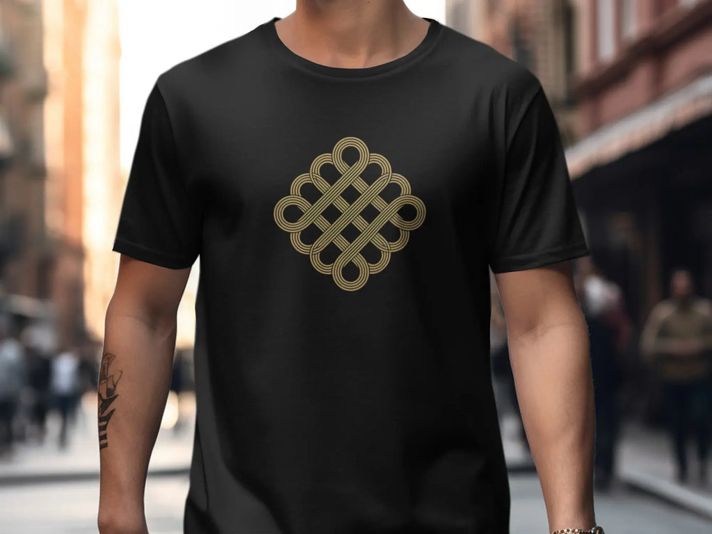 Intricate Golden Knot Design on Black T-Shirt