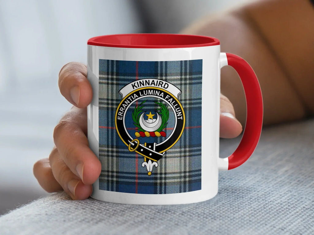 Clan Kinnaird tartan mug — 15 oz navy handle, glossy ceramic with tartan and crest print
