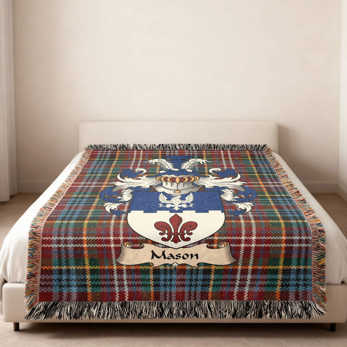 Mason Scottish family shield woven blanket on a Caledonia tartan background