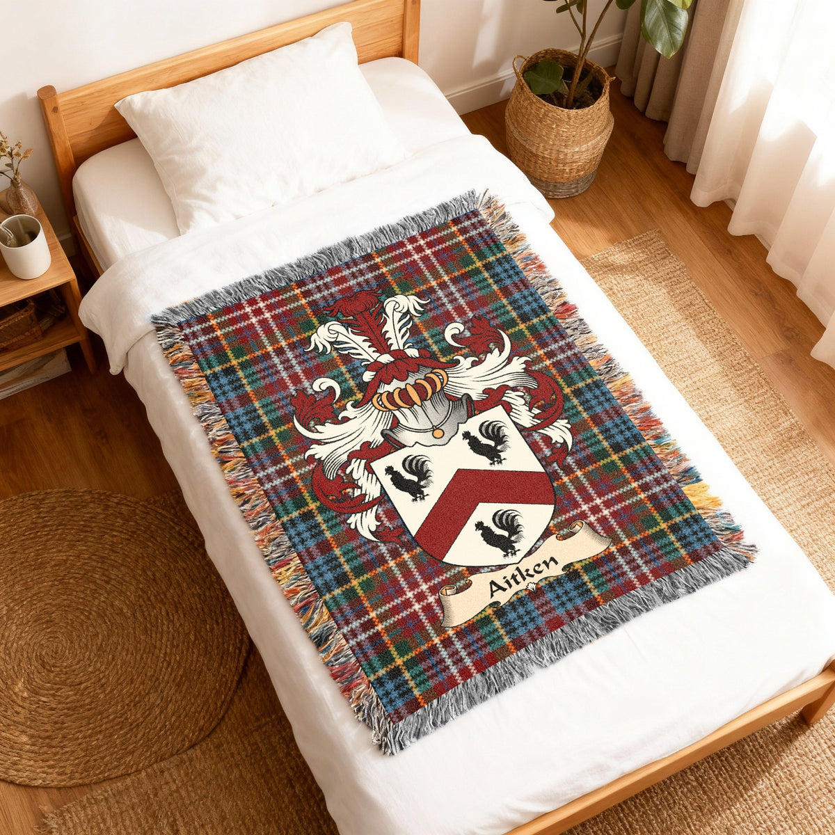 Aitken Scottish family shield woven blanket with Caledonia tartan background, displayed on a bed