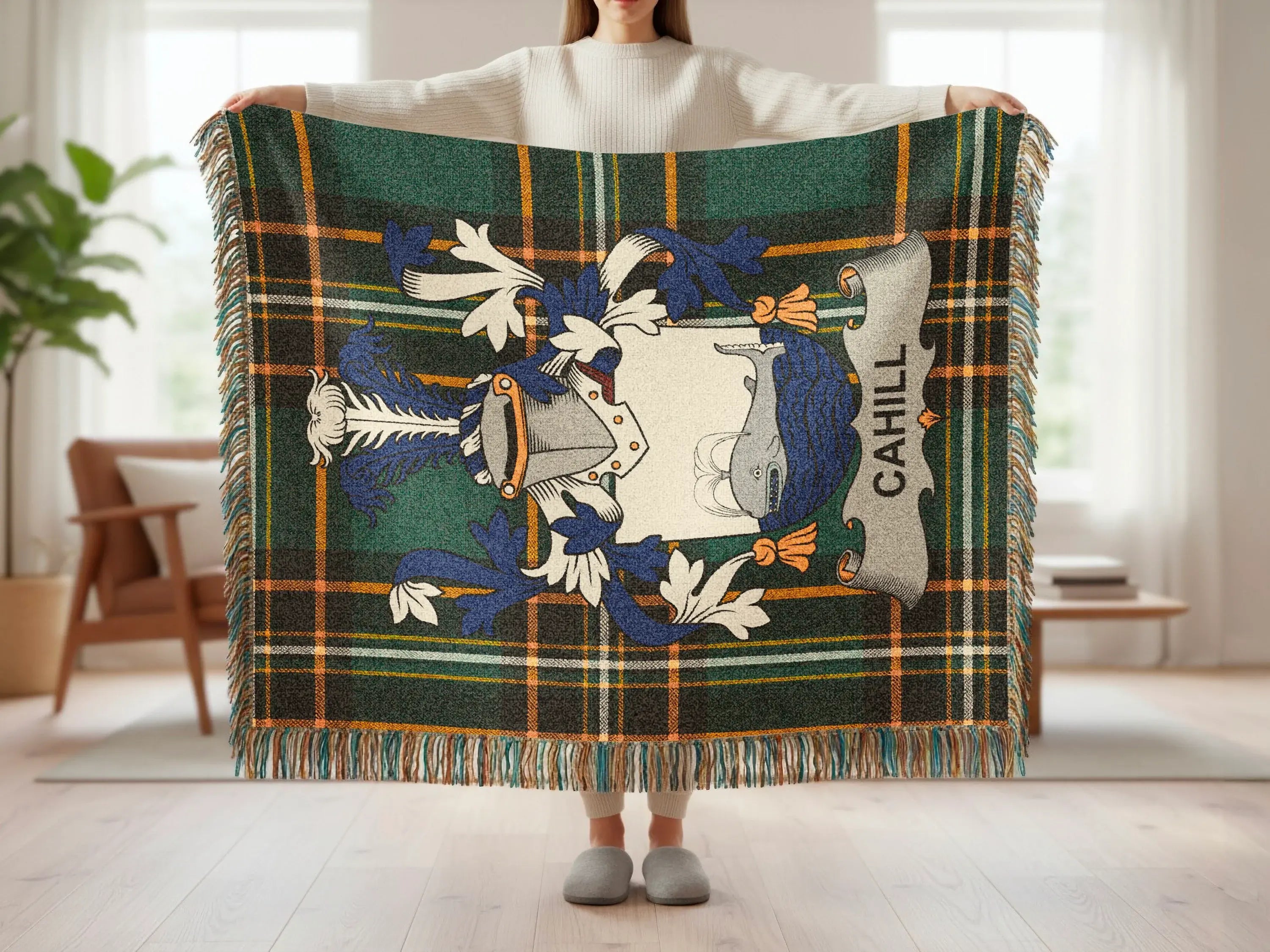 CAHILL Plaid Pattern Crest Motif Fringed product type