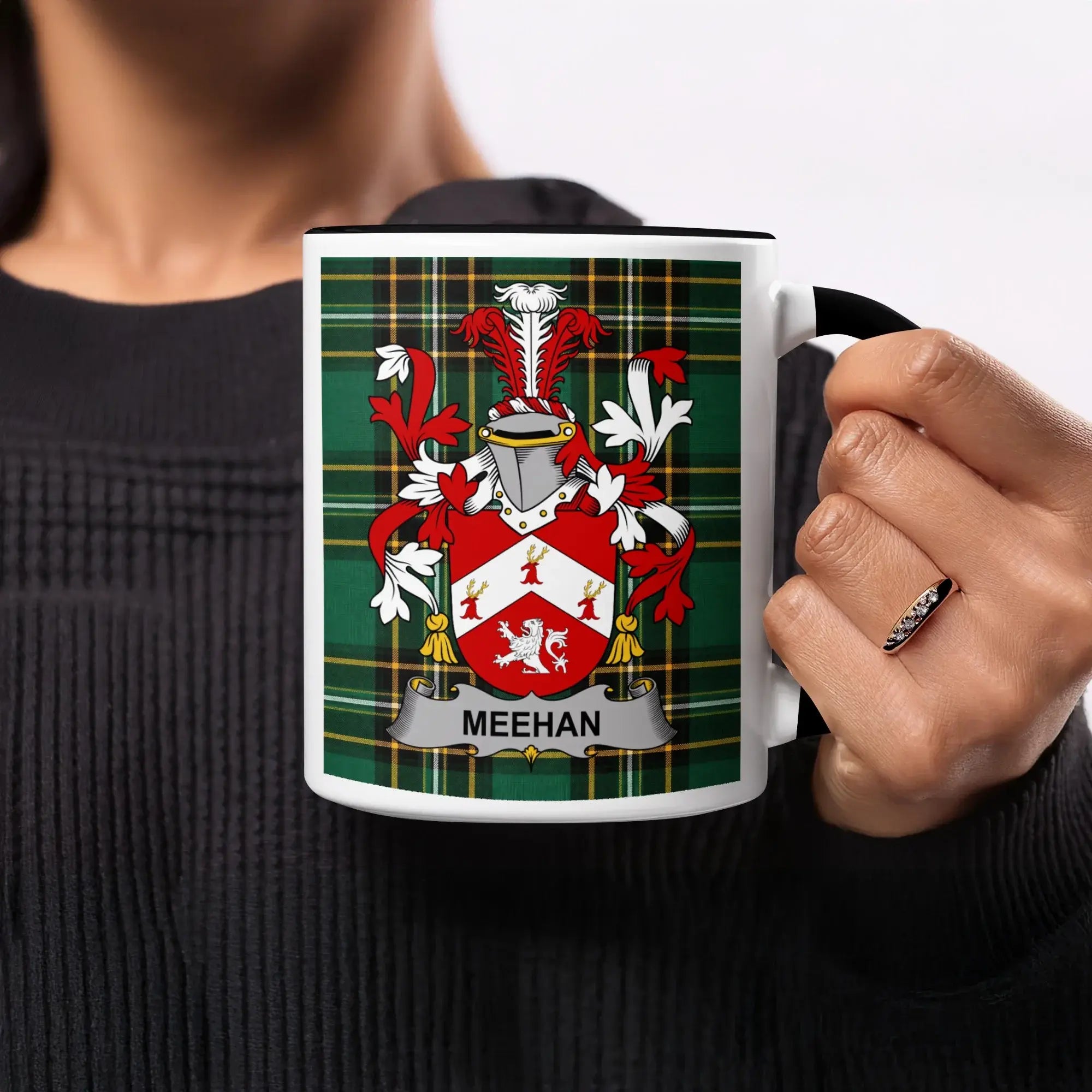 Meehan Irish heritage mug with black handle and interior