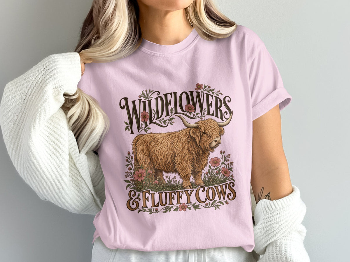 Model wearing the Wildflowers & Fluffy Cows Highland cow Comfort Colors T-shirt in Blossom
