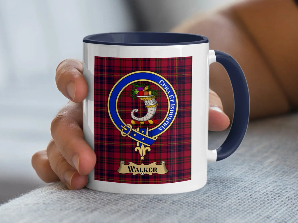 Walker family crest coffee mug with a tartan-background design