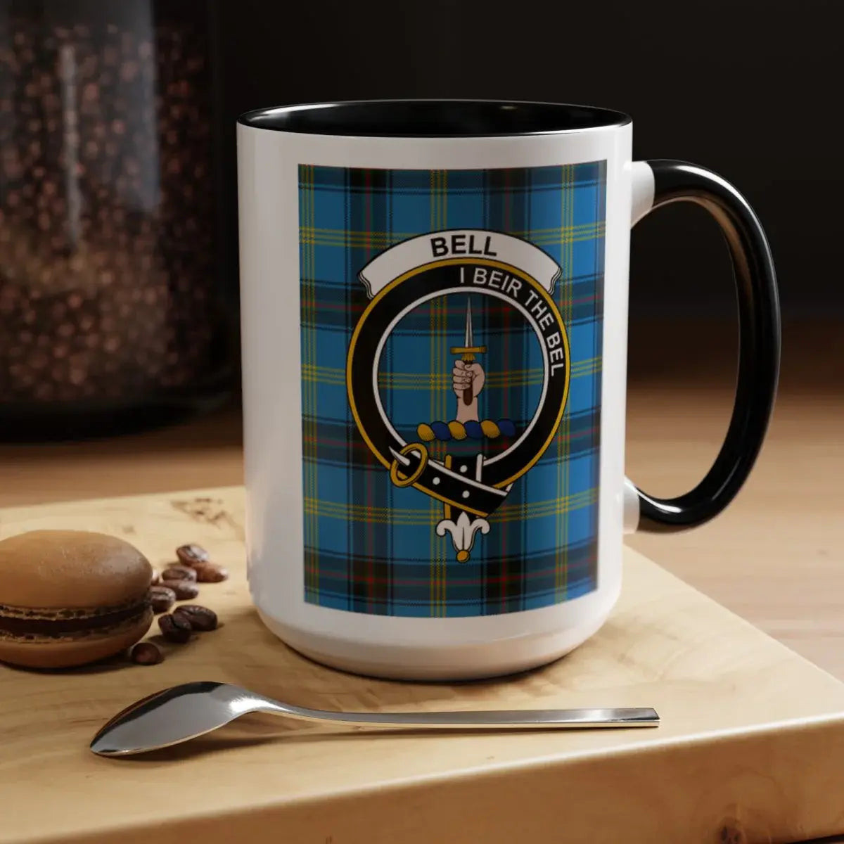 Bell clan tartan plaid accent mug in navy — clan crest design inspired by Scottish heritage, 15oz ceramic