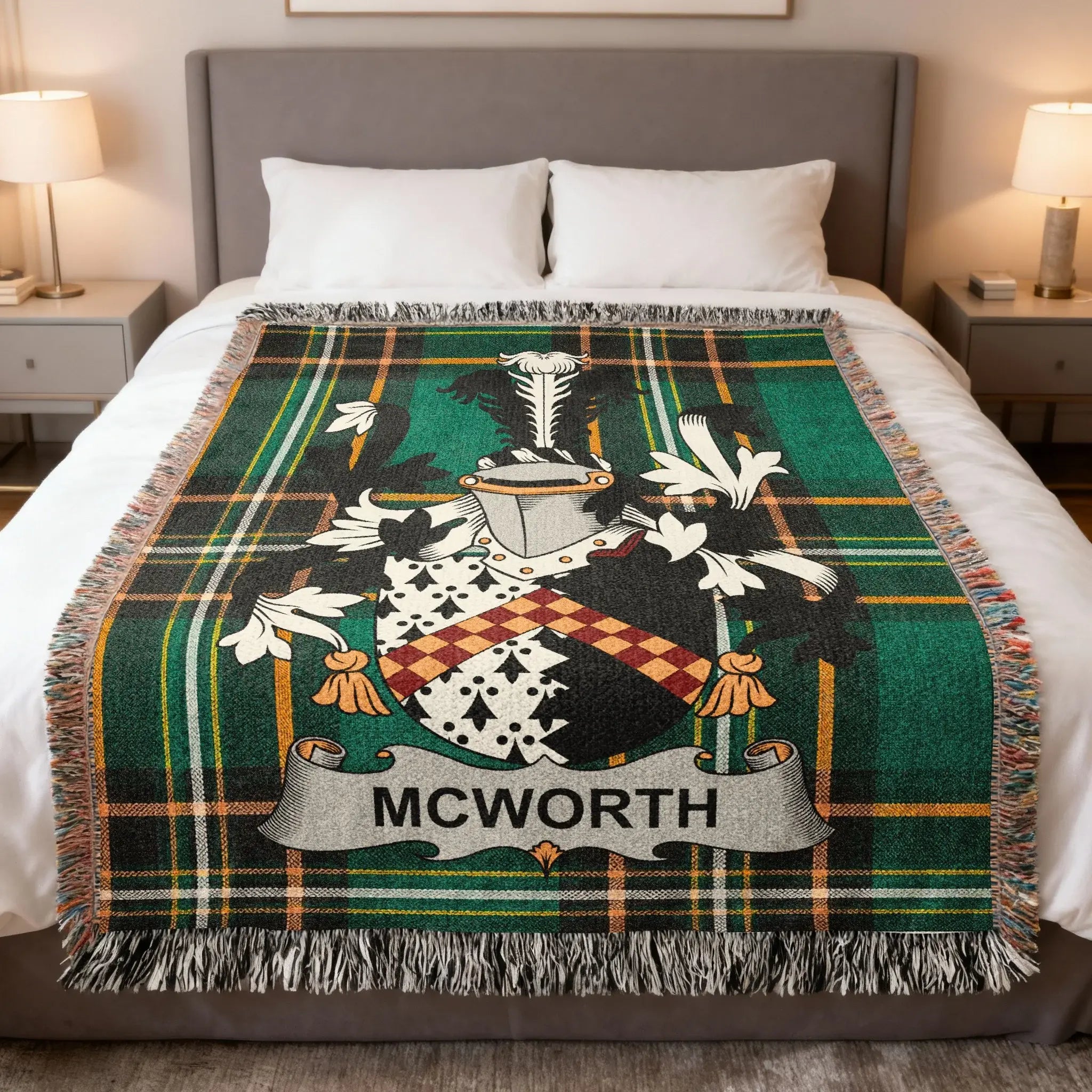 McWorth family crest on a green plaid throw blanket.
