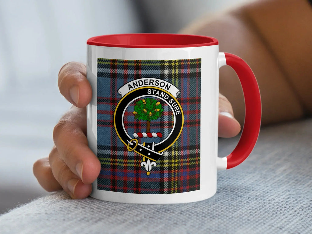 Clan Anderson 15oz accent mug with red handle — tartan and crest design, ceramic