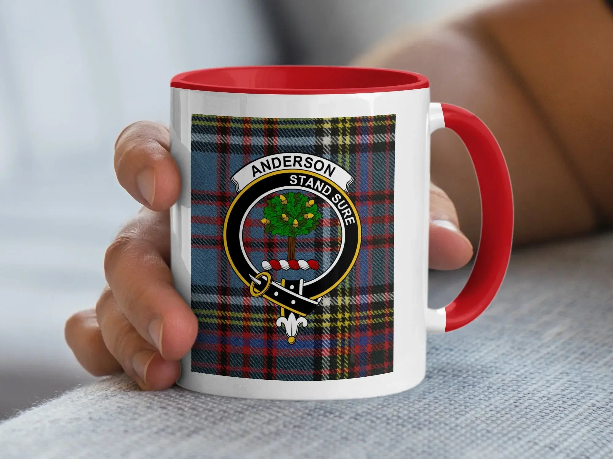 Clan Anderson 15oz accent mug with red handle — tartan and crest design, ceramic