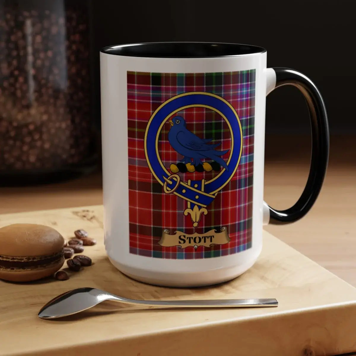 Close-up of the Stott clan crest printed on a ceramic mug