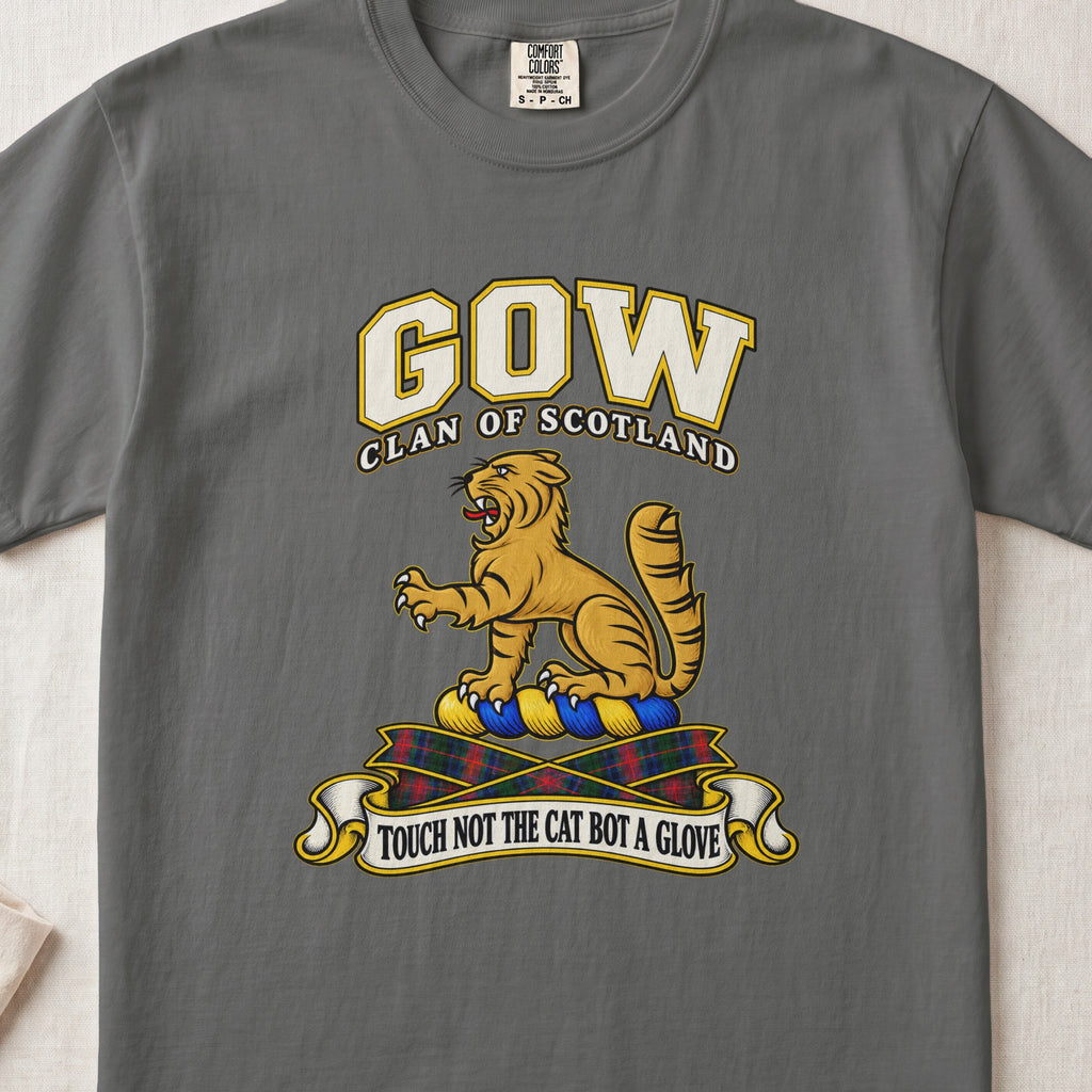 Gow Scottish clan T-shirt in Pepper, front view with a golden wildcat and motto design.