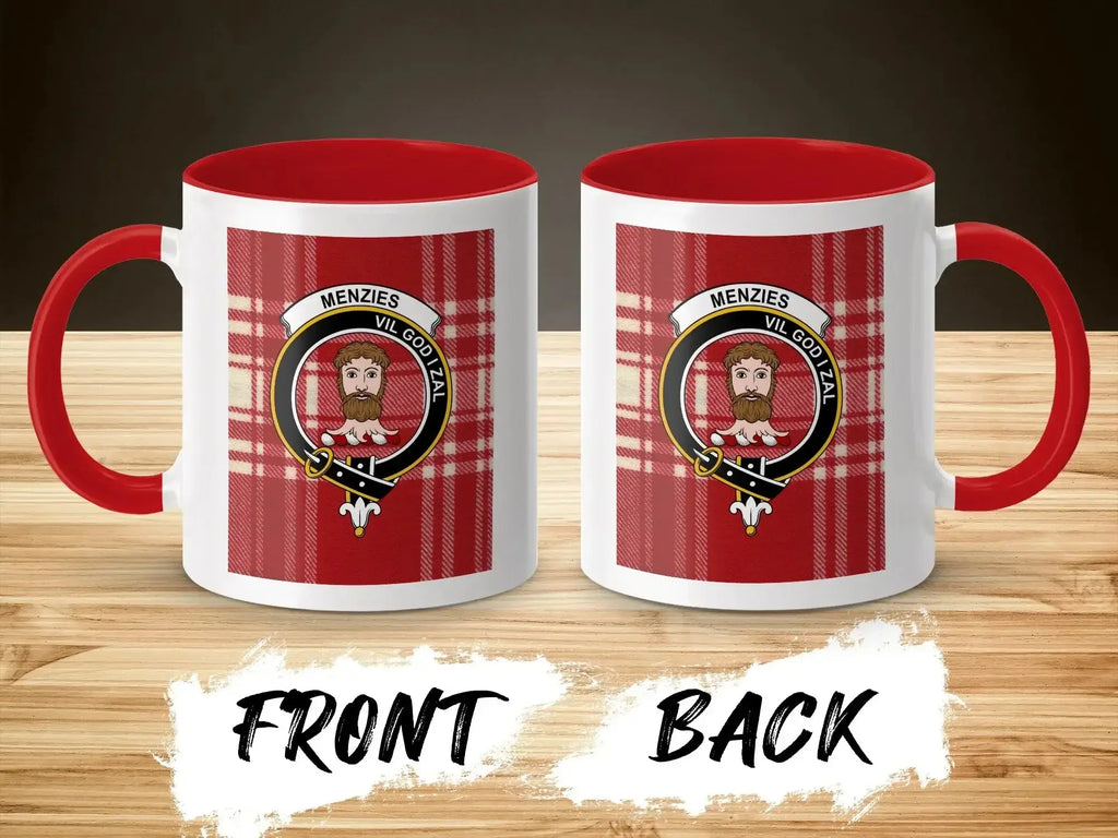 Menzies Vil God I Zal crest mug shown front and back — glossy ceramic with clan tartan