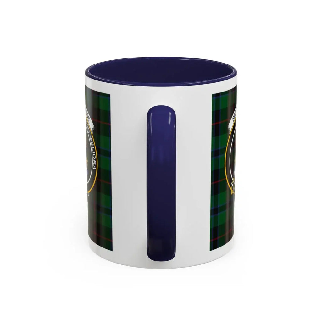 Clan Sandilands tartan crest accent mug with navy handle — 15 oz ceramic Scottish heritage drinkware
