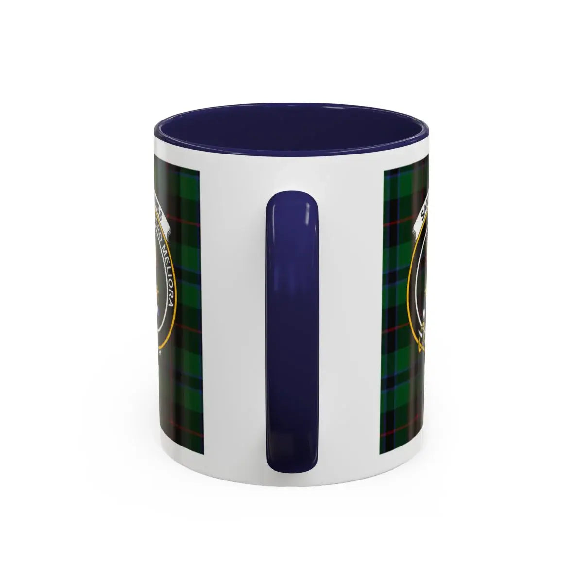 Clan Sandilands tartan crest accent mug with navy handle — 15 oz ceramic Scottish heritage drinkware