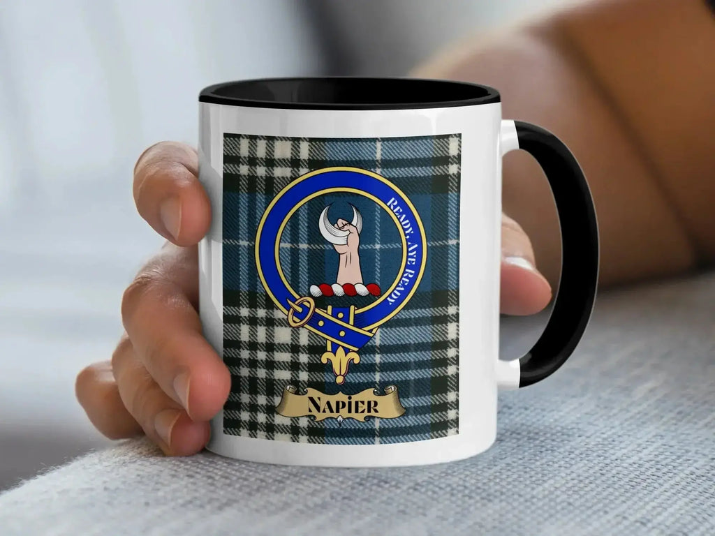 Clan Napier mug in navy — 15oz ceramic with tartan print and crest