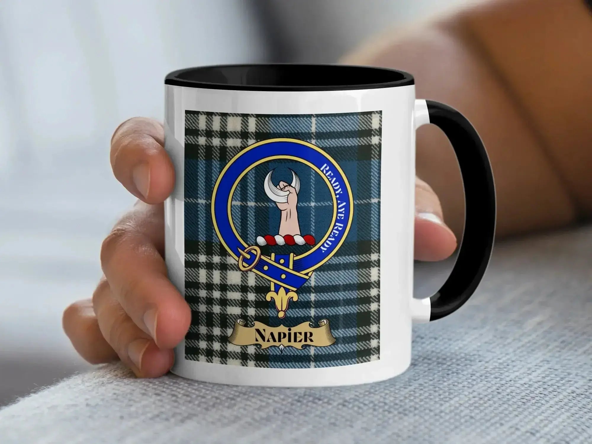 Clan Napier mug in navy — 15oz ceramic with tartan print and crest