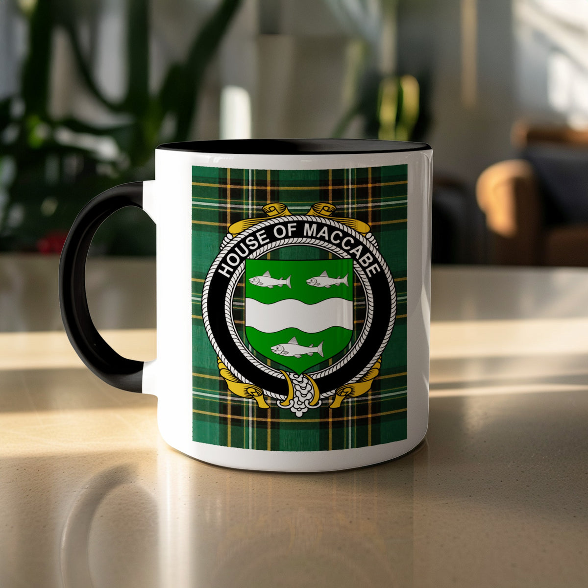 MacCabe surname accent mug displayed with Irish National Tartan design