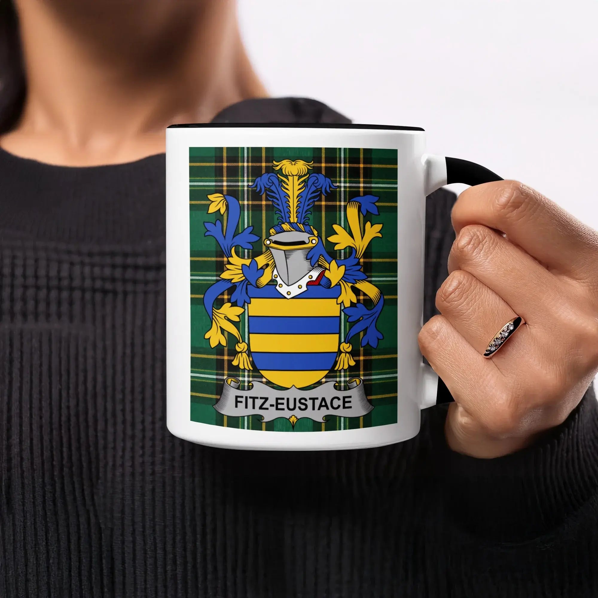 Mug with Fitz-Eustace family crest on tartan background.