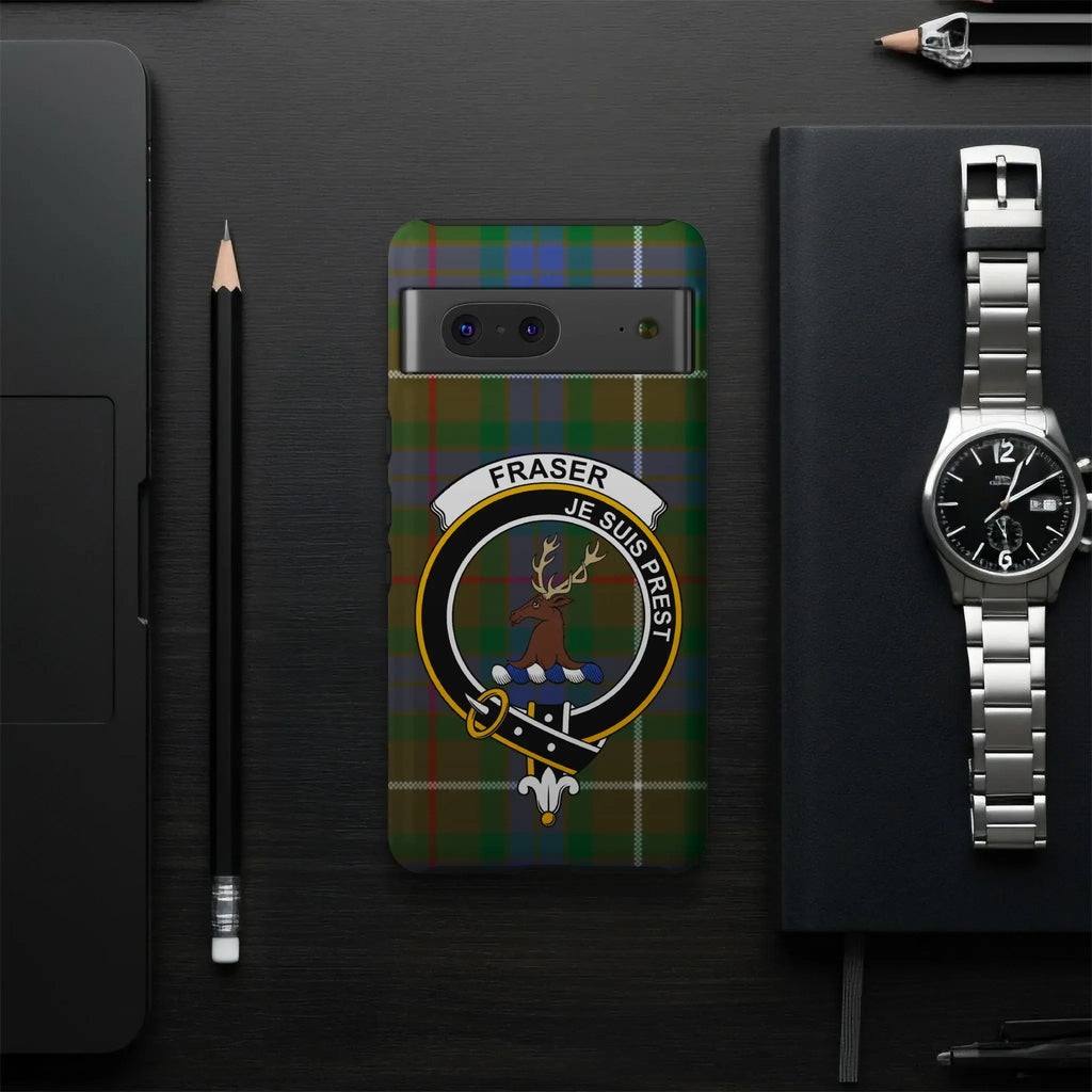 Fraser clan crest phone case on desk — red tartan design, glossy finish, full edge print