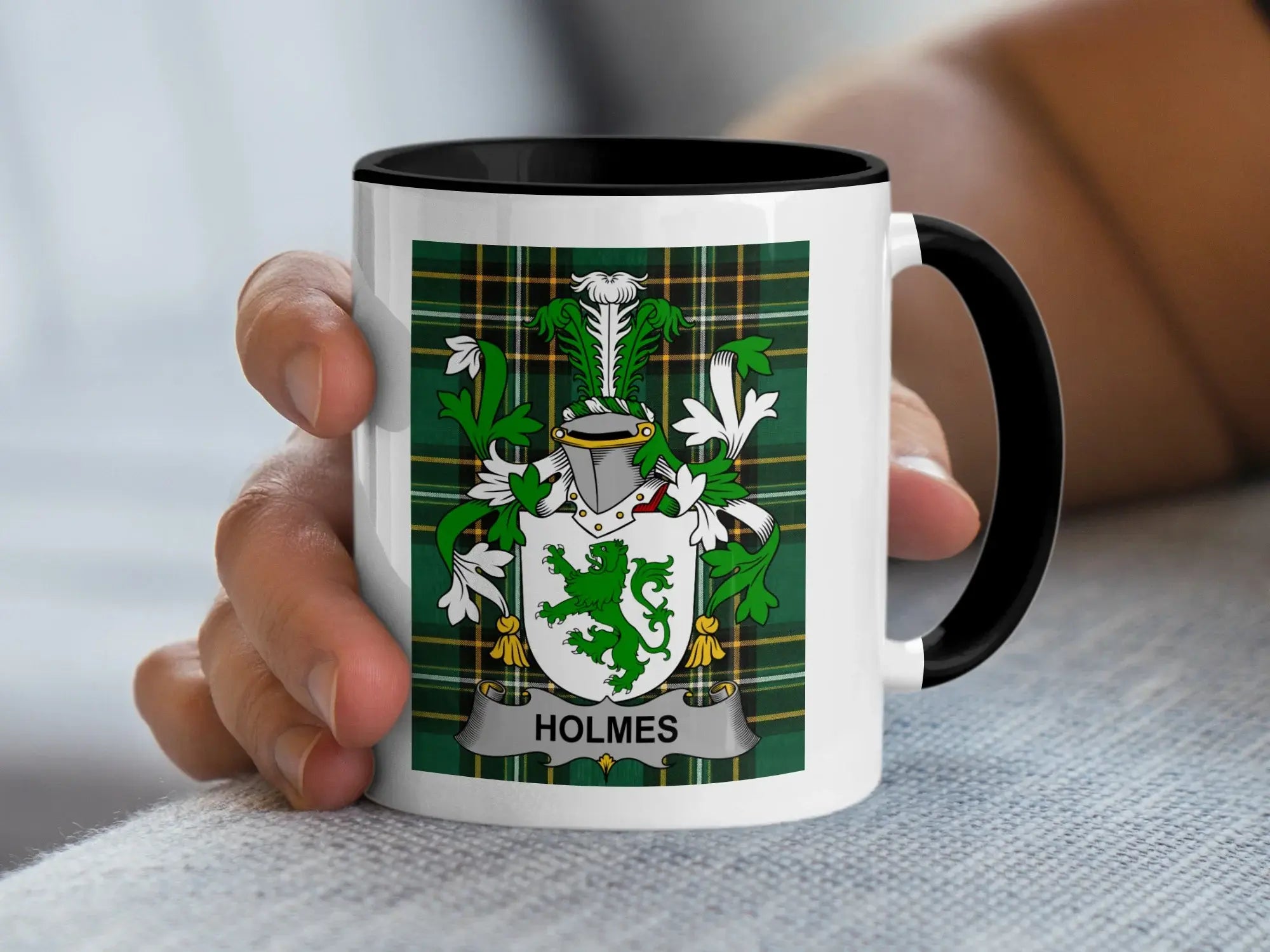 Holmes Irish family crest black accent mug