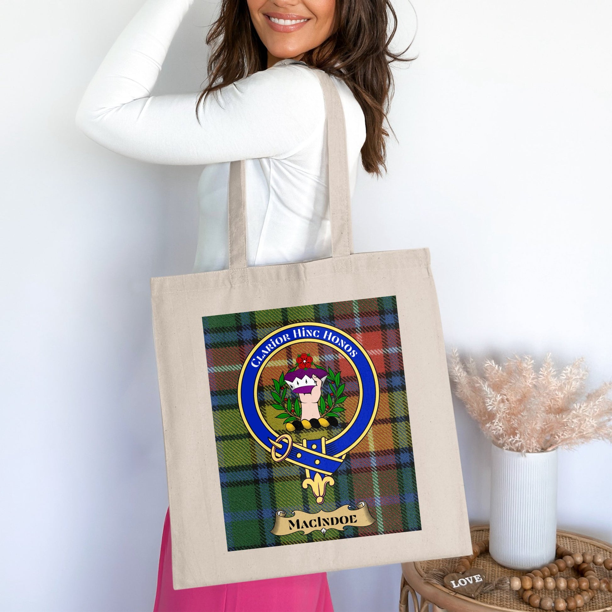 Macindoe Clan Scottish Tartan Crest Plaid Tote Bag - Living Stone Gifts