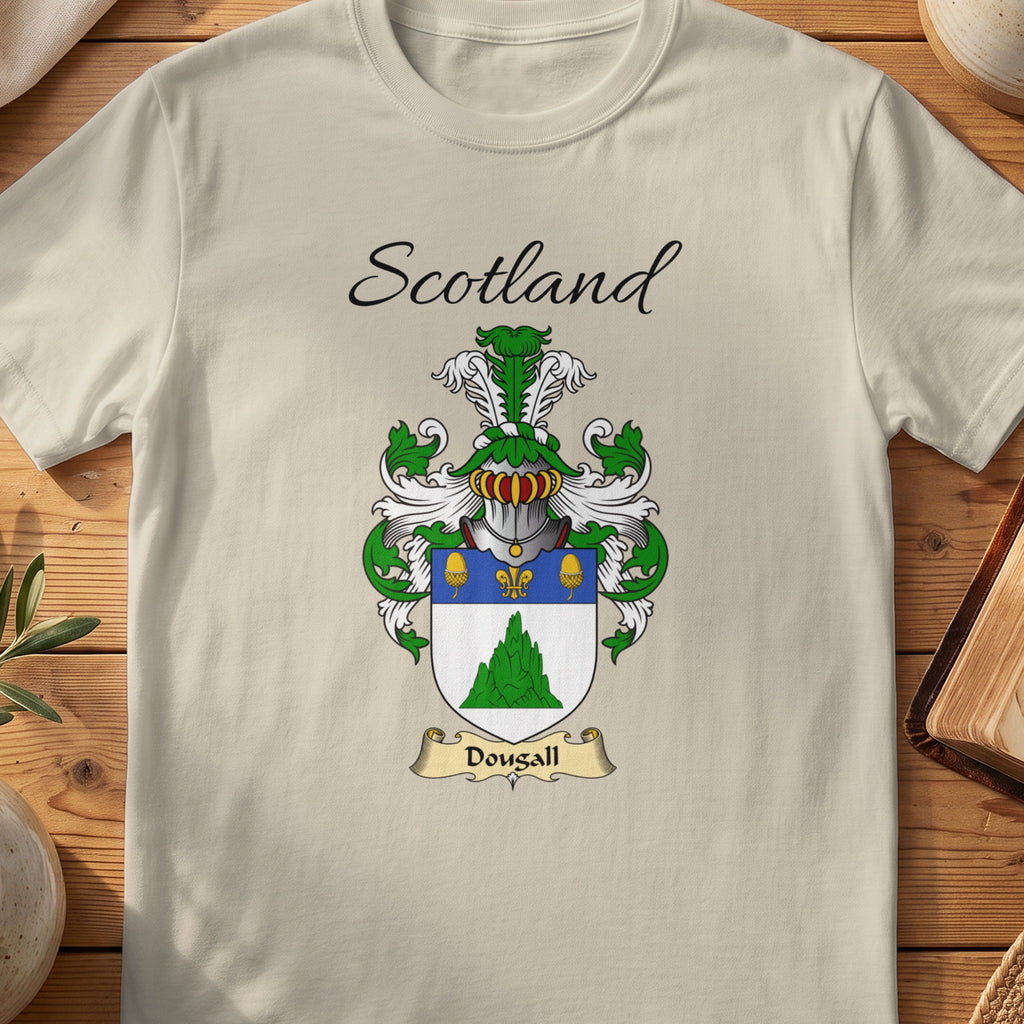 Sand Dougall Scottish family shield T-shirt featuring a green mound beneath a blue top band