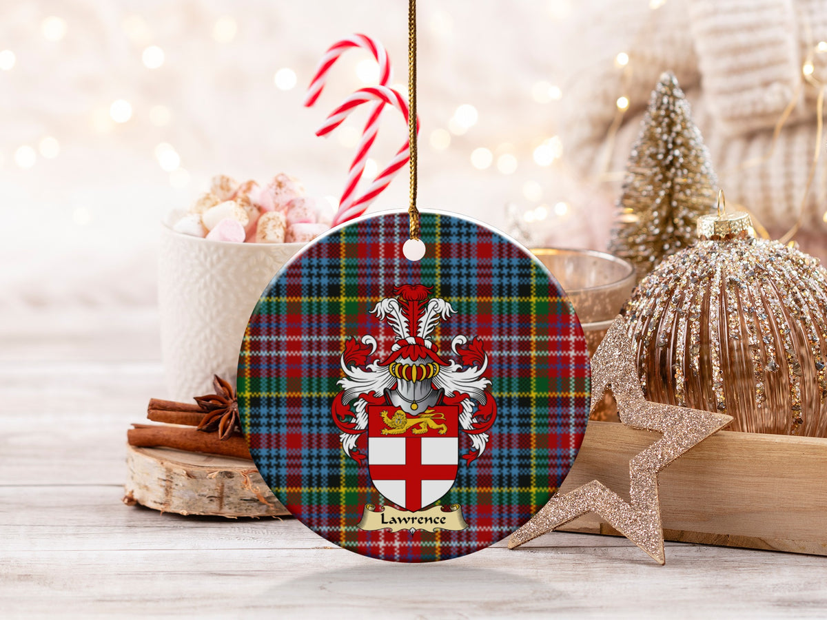 Double-sided Lawrence ceramic ornament with family shield and Caledonia tartan background