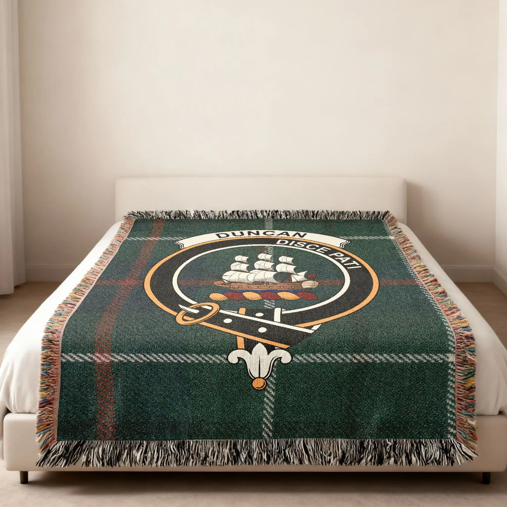 Duncan clan crest woven blanket with fringe edges — 100% cotton weave