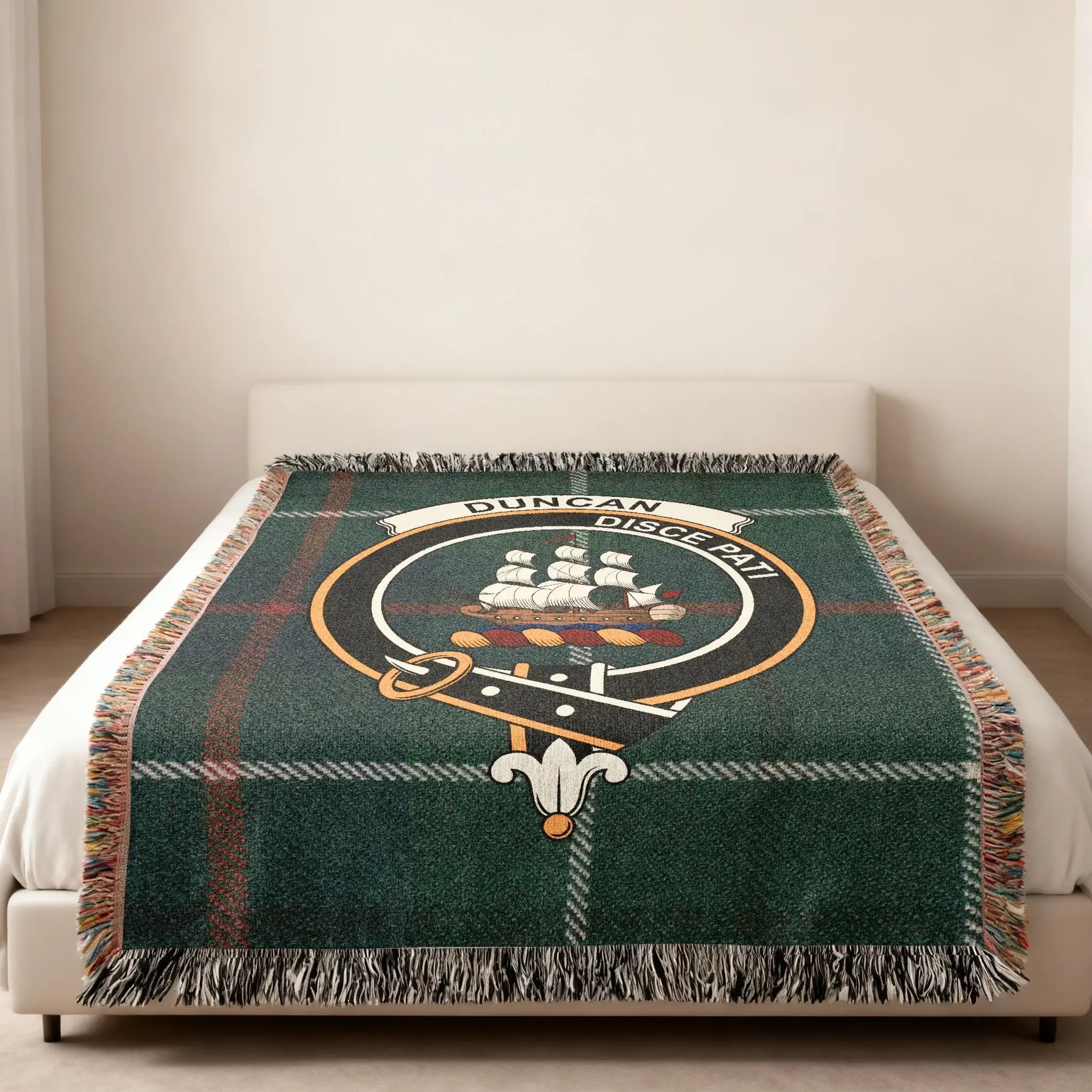 Duncan clan crest woven blanket with fringe edges — 100% cotton weave