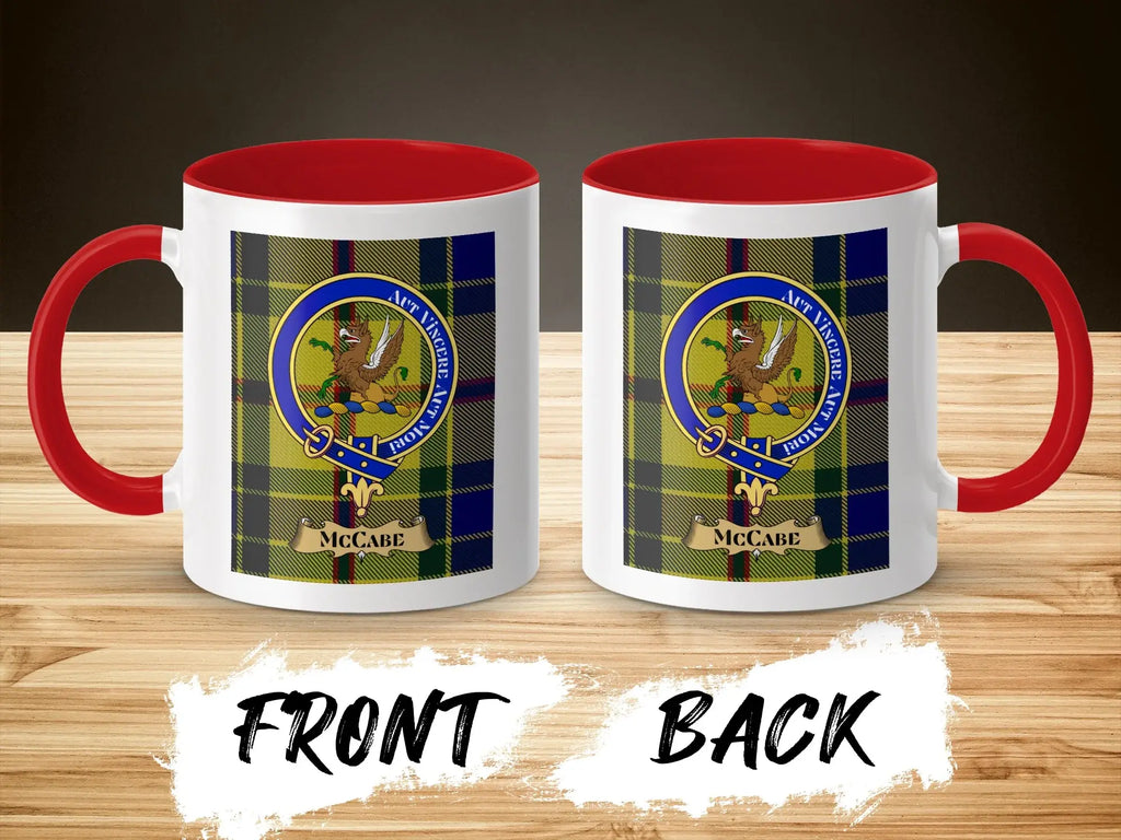 McCabe tartan-background crest mug shown as a Scottish heritage gift