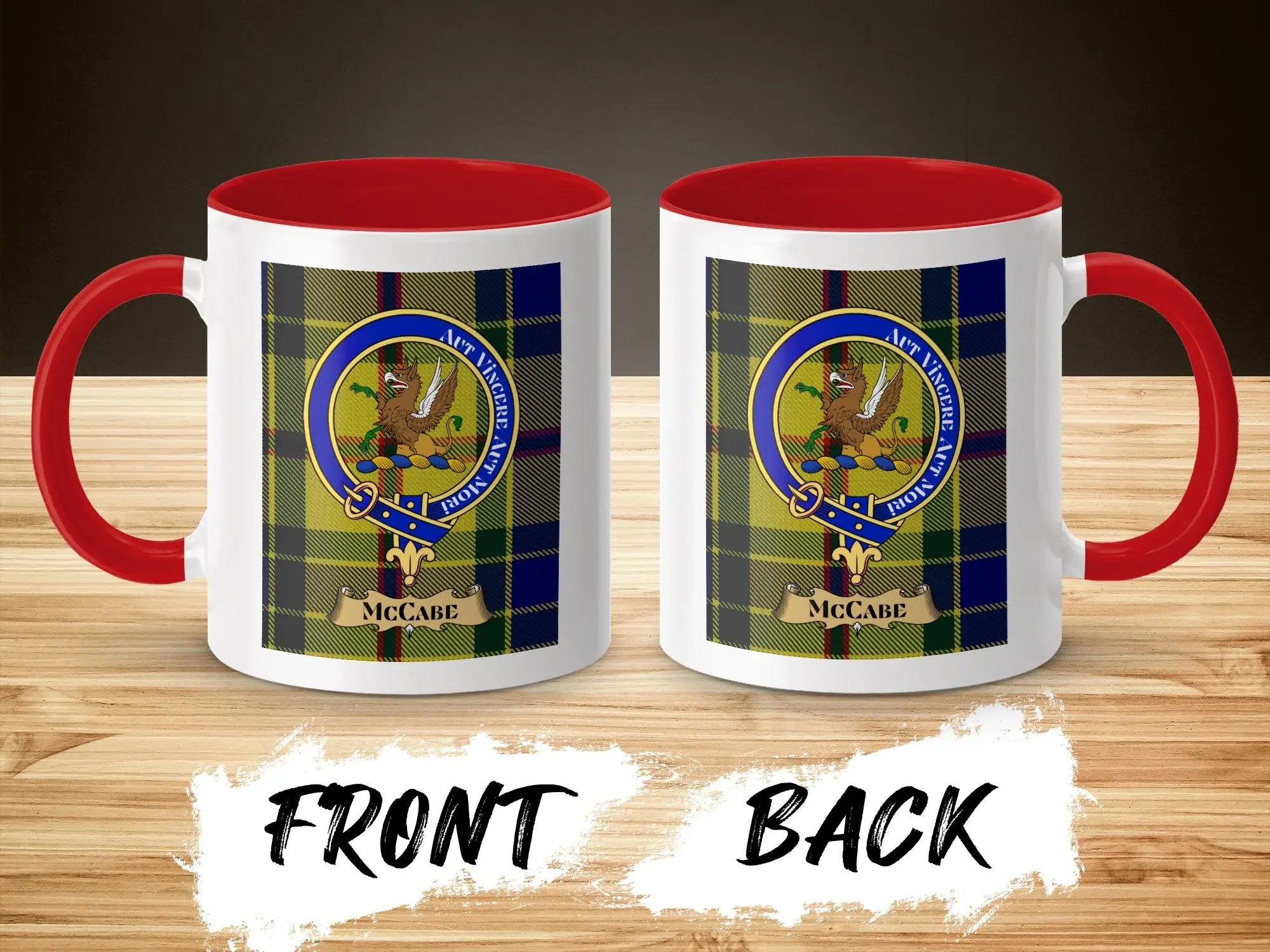 McCabe tartan-background crest mug shown as a Scottish heritage gift