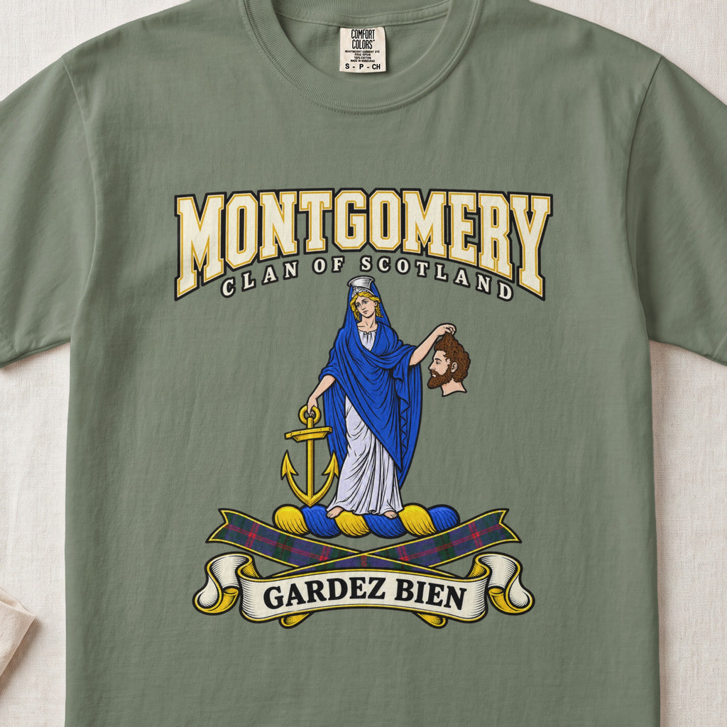 Montgomery Scottish clan graphic T-shirt in Moss, front view