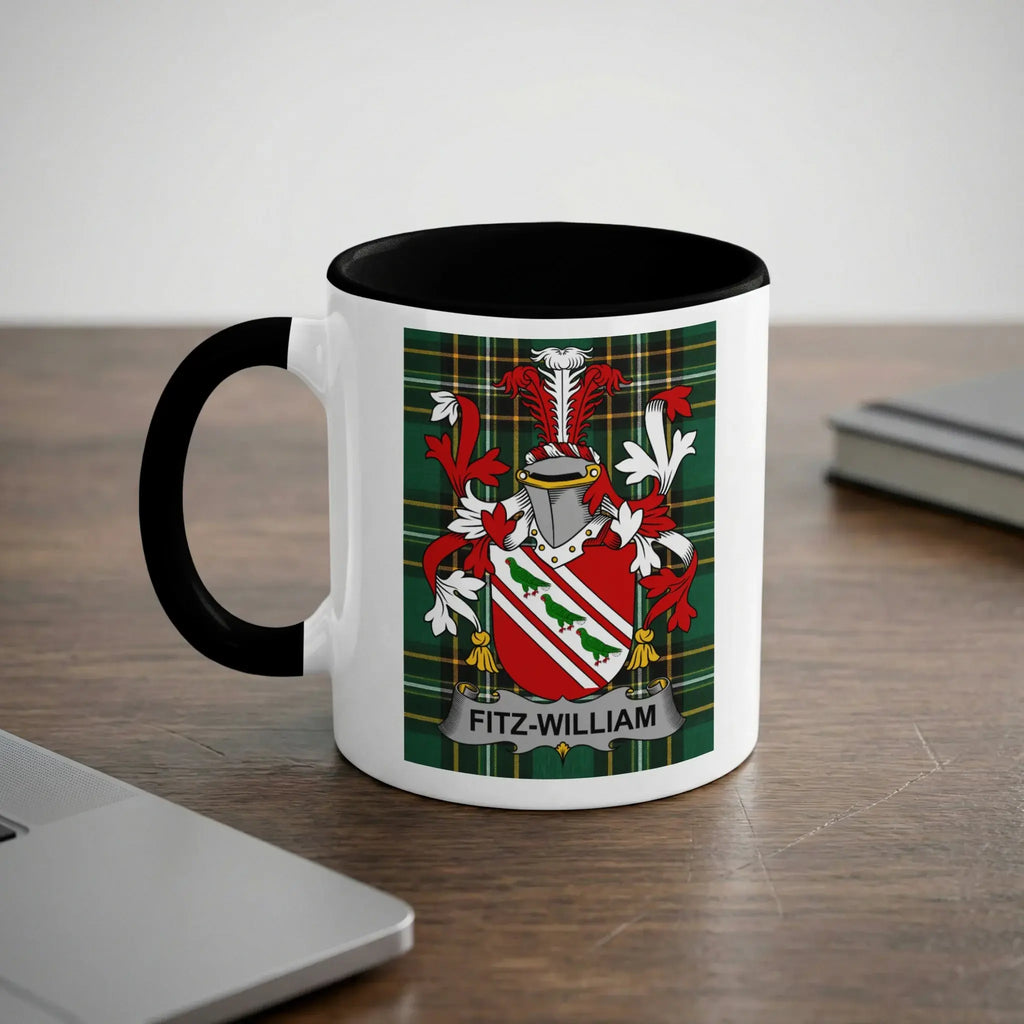 White mug with black handle featuring Fitz-William family crest.