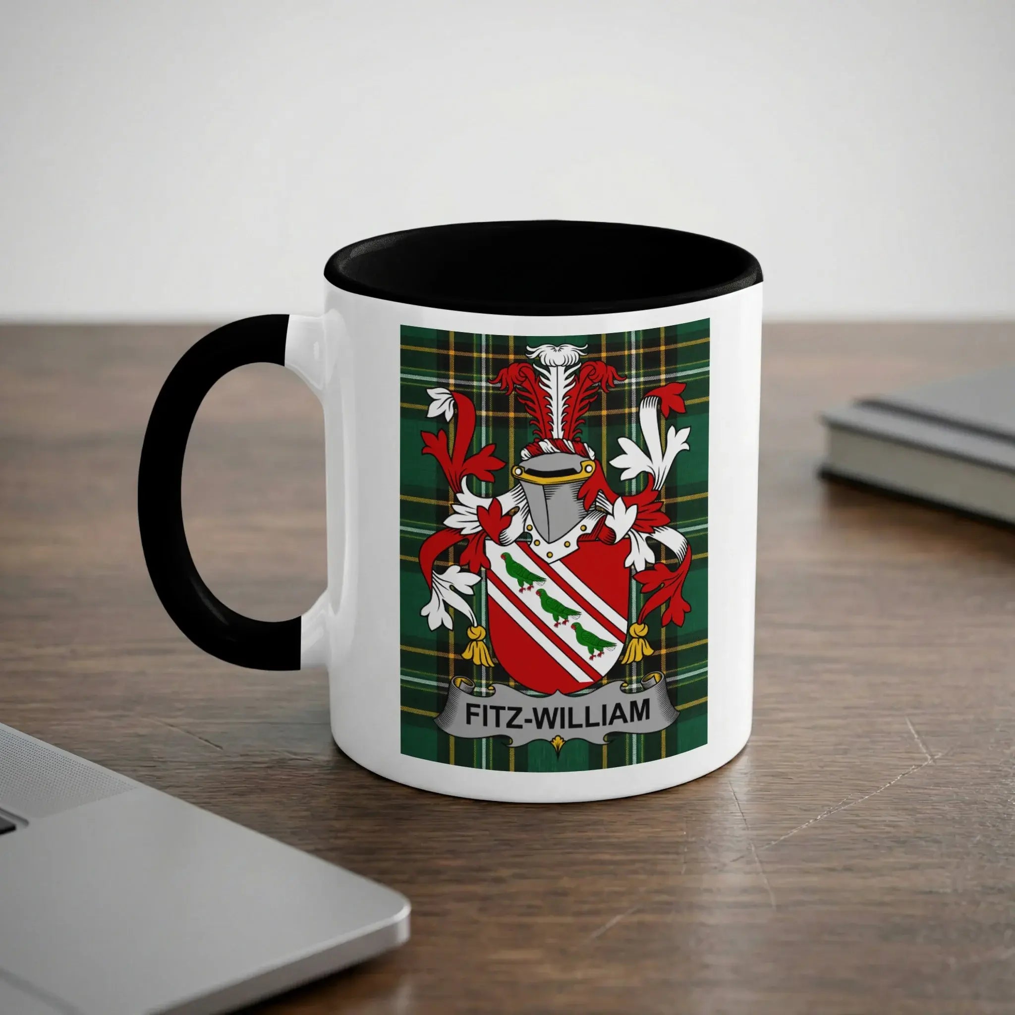 White mug with black handle featuring Fitz-William family crest.